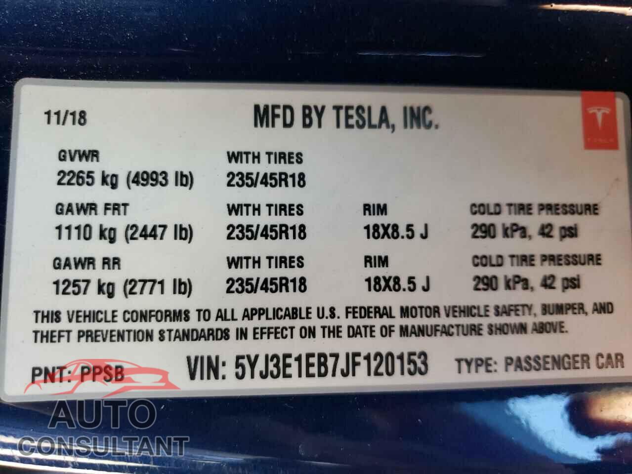 TESLA MODEL 3 2018 - 5YJ3E1EB7JF120153