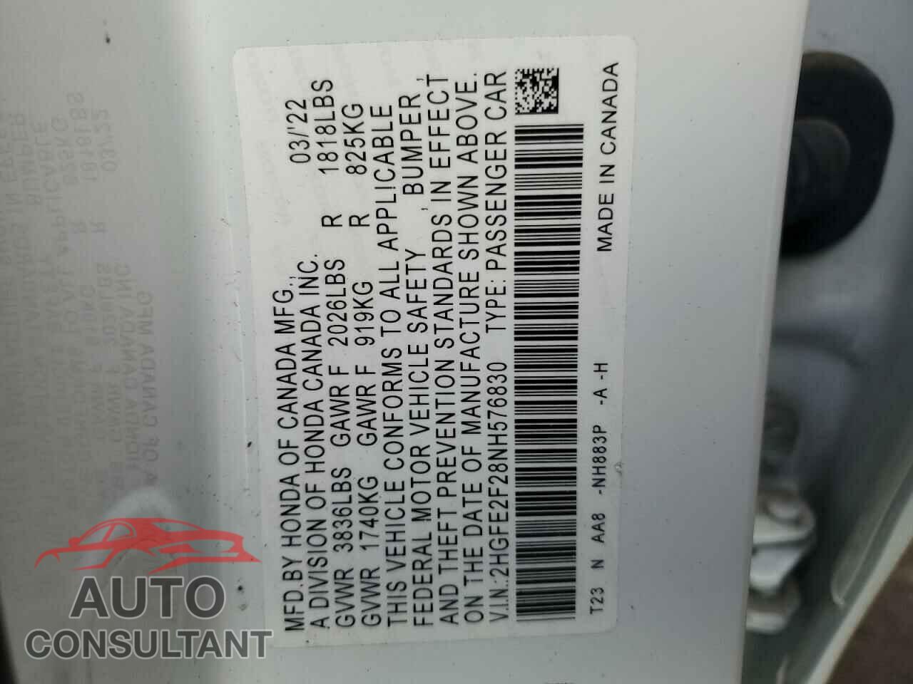 HONDA CIVIC 2022 - 2HGFE2F28NH576830