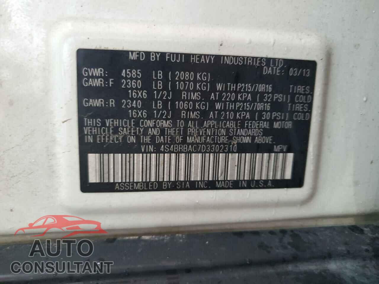SUBARU OUTBACK 2013 - 4S4BRBAC7D3302310