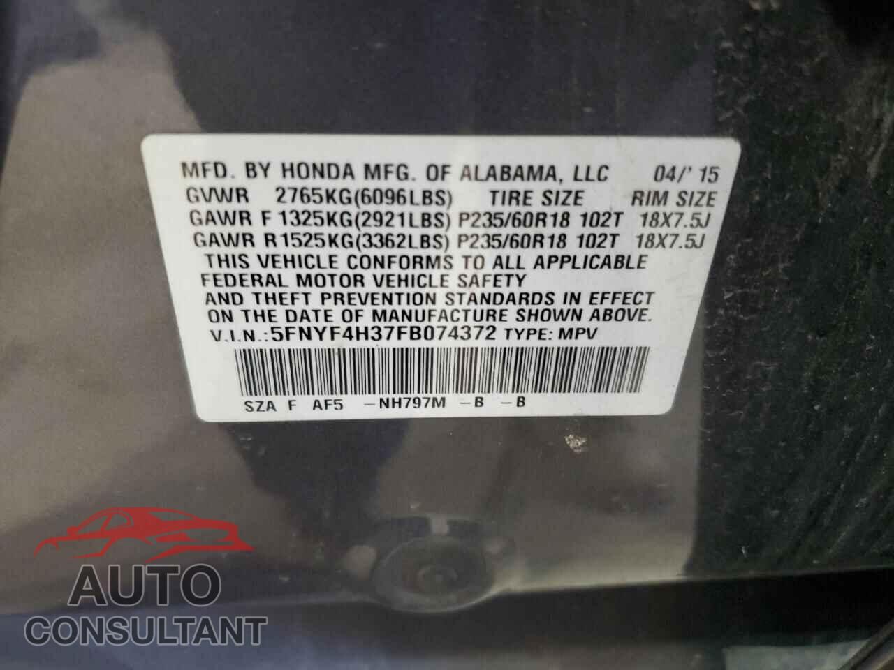 HONDA PILOT 2015 - 5FNYF4H37FB074372