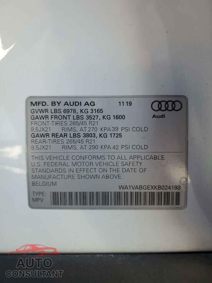 AUDI E-TRON 2019 - WA1VABGEXKB024193