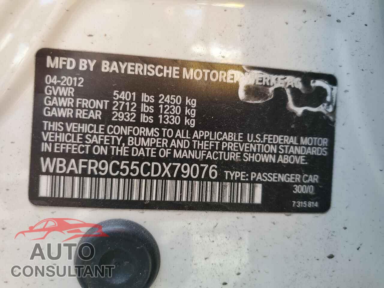 BMW 5 SERIES 2012 - WBAFR9C55CDX79076
