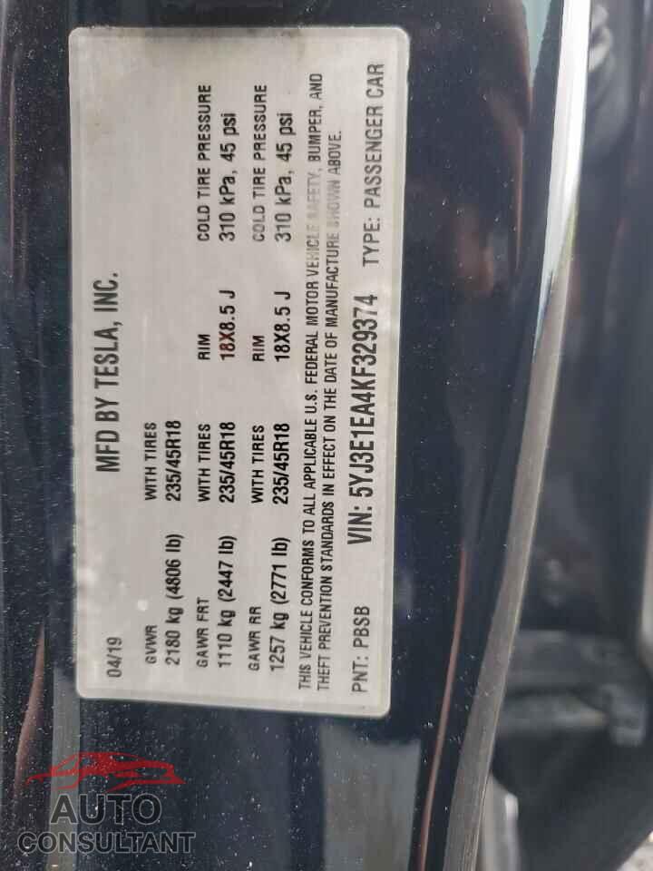 TESLA MODEL 3 2019 - 5YJ3E1EA4KF329374