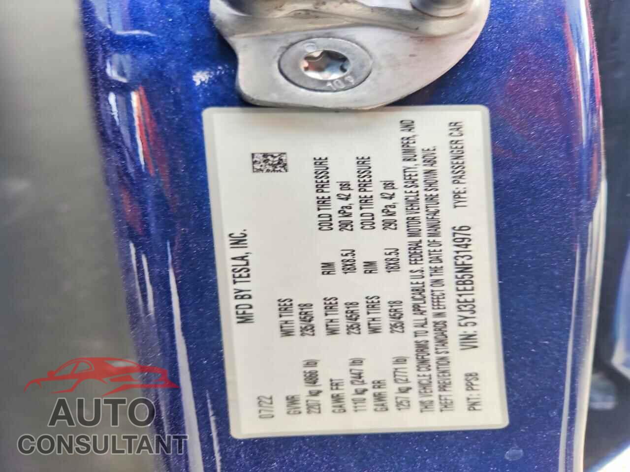 TESLA MODEL 3 2022 - 5YJ3E1EB5NF314976