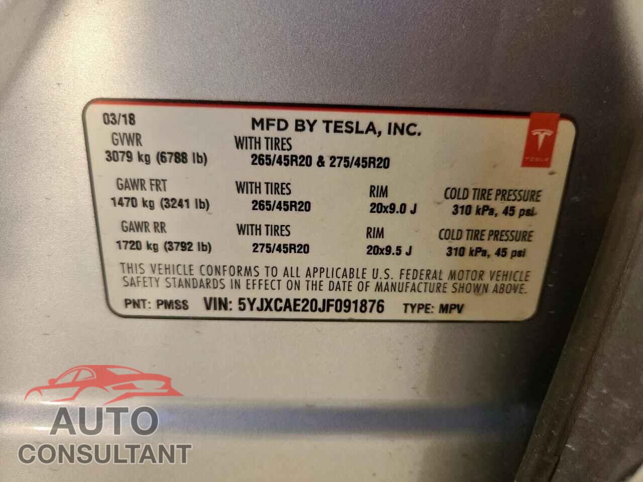 TESLA MODEL X 2018 - 5YJXCAE20JF091876