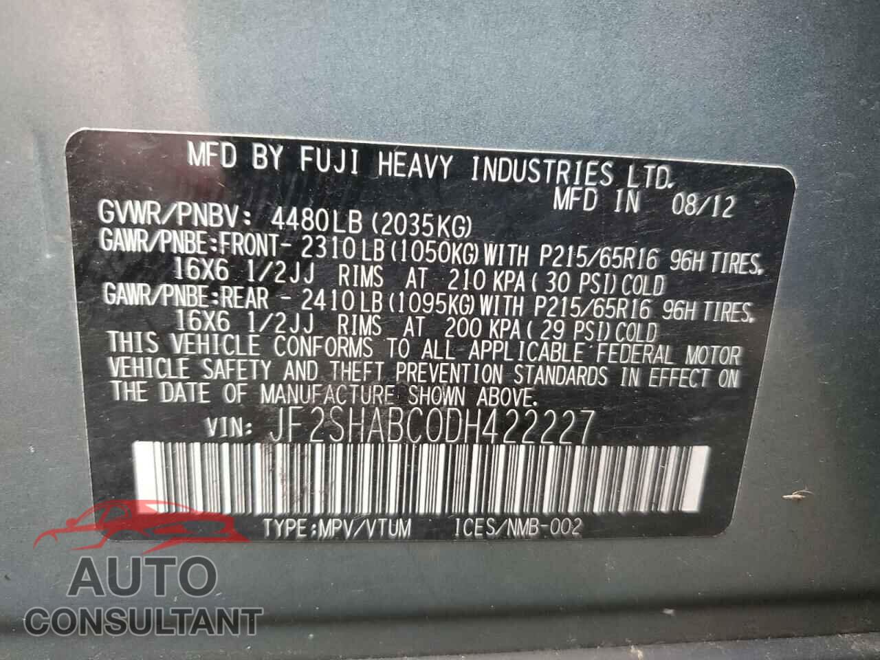 SUBARU FORESTER 2013 - JF2SHABC0DH422227
