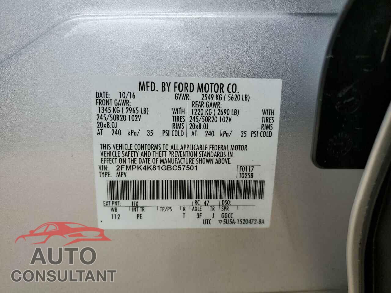 FORD EDGE 2016 - 2FMPK4K81GBC57501