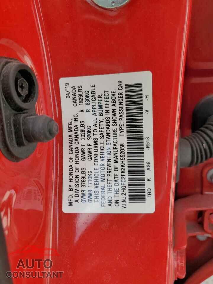 HONDA CIVIC 2019 - 2HGFC2F82KH552058