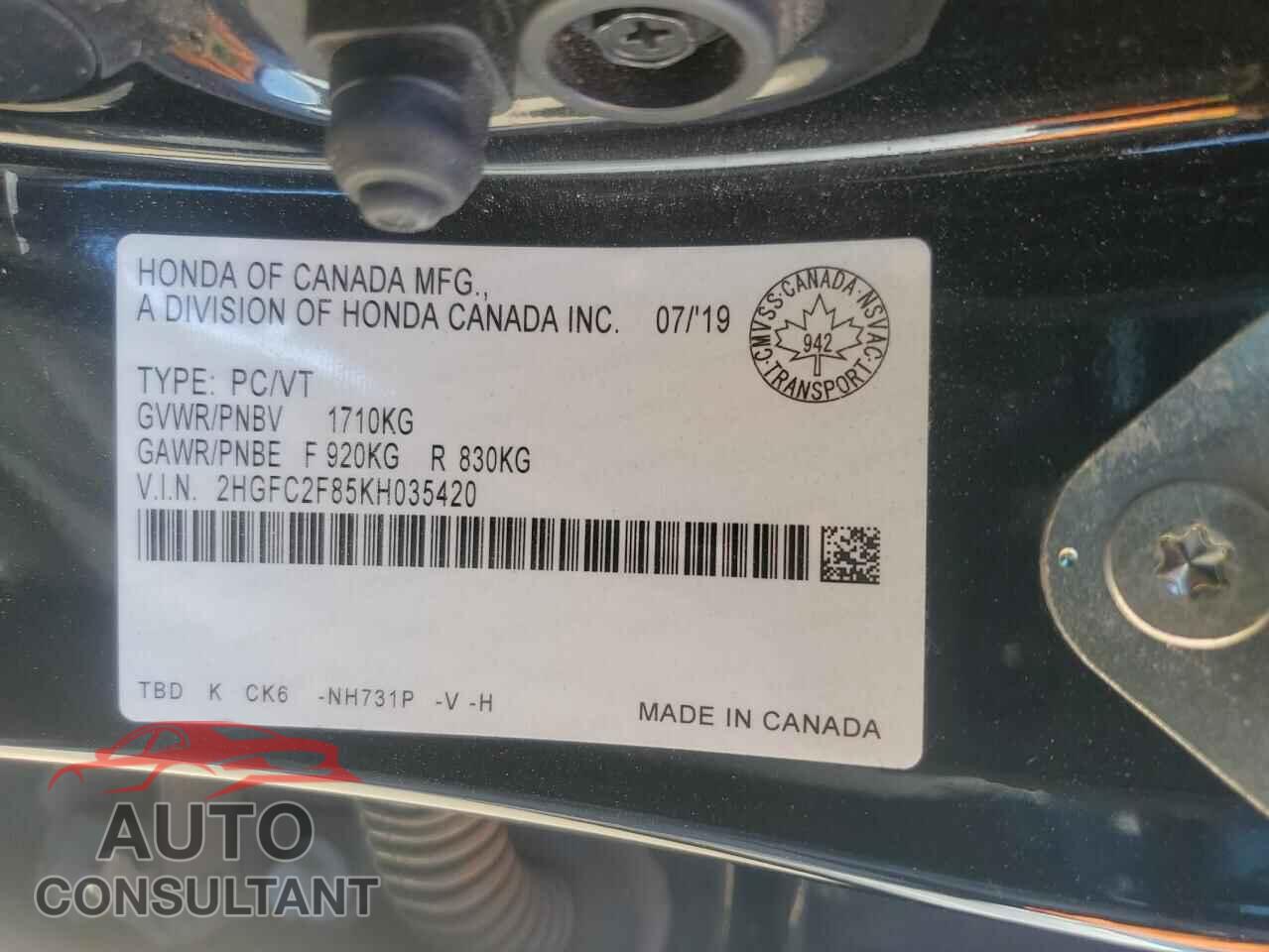 HONDA CIVIC 2019 - 2HGFC2F85KH035420
