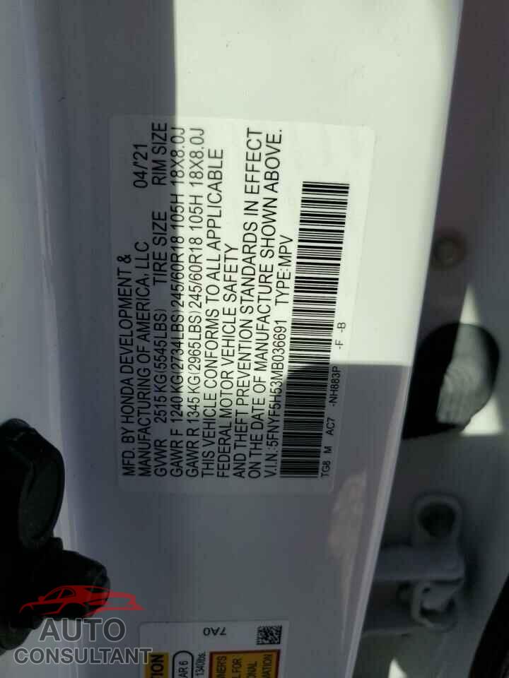 HONDA PILOT 2021 - 5FNYF5H53MB036691