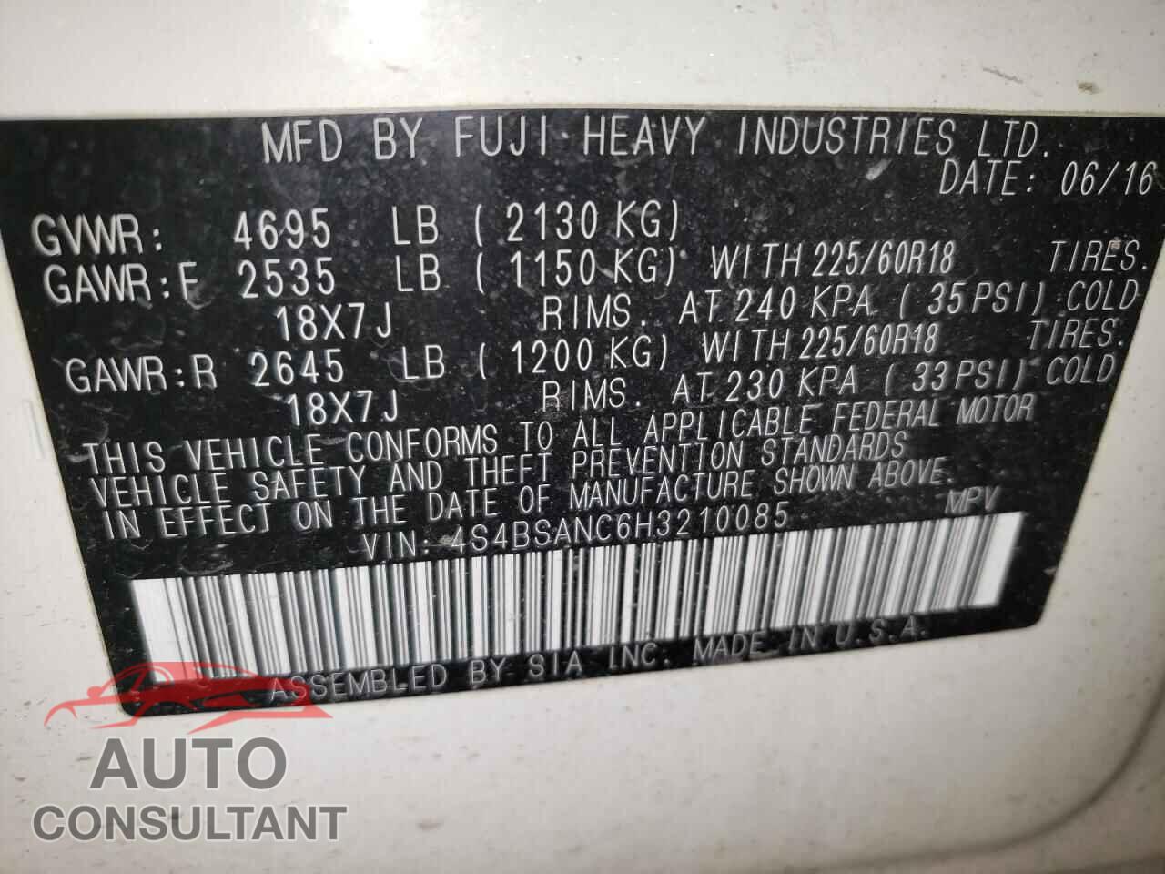 SUBARU OUTBACK 2017 - 4S4BSANC6H3210085