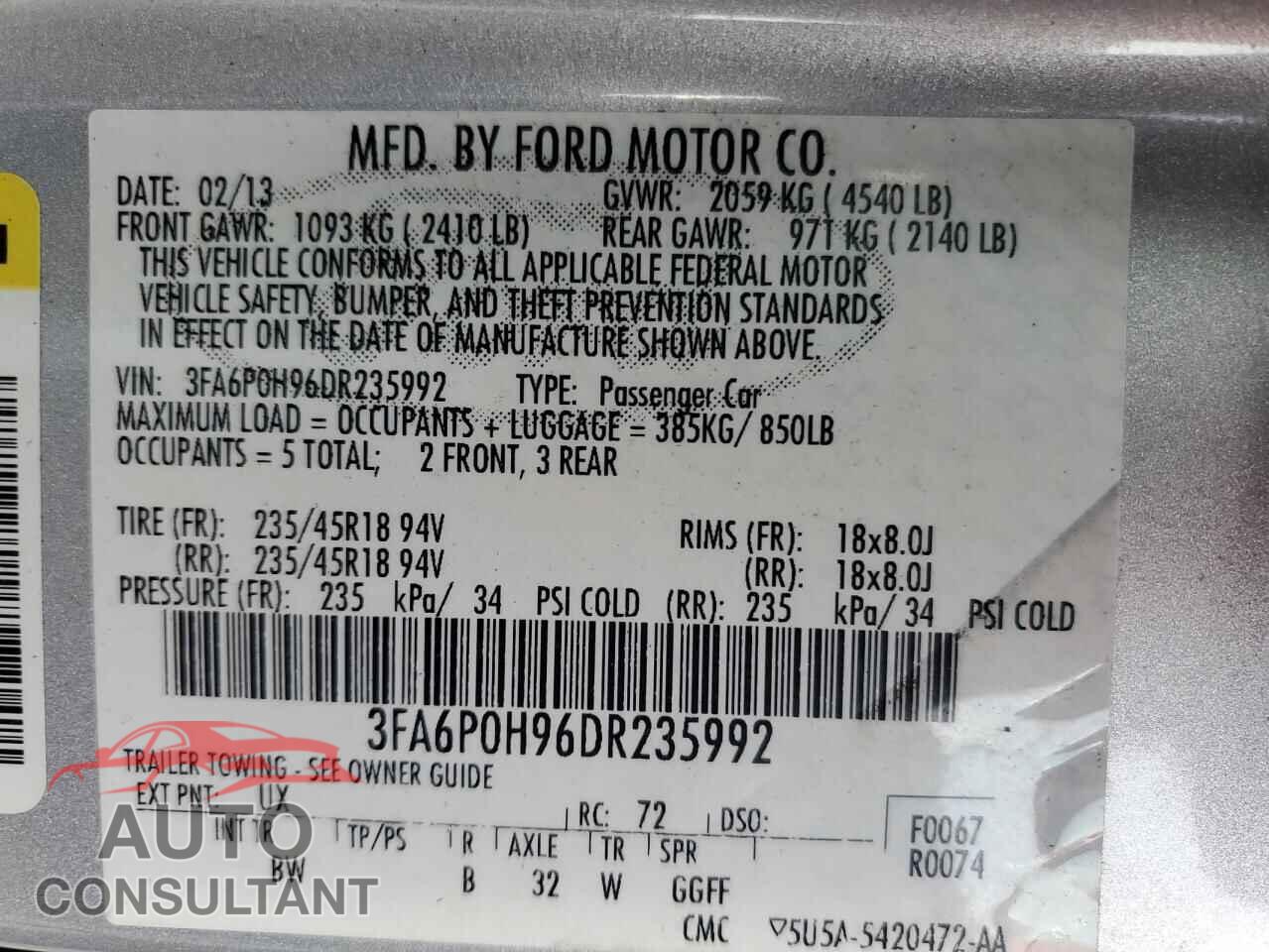 FORD FUSION 2013 - 3FA6P0H96DR235992