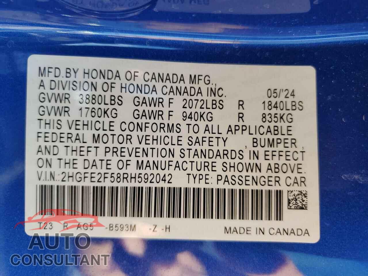 HONDA CIVIC 2024 - 2HGFE2F58RH592042