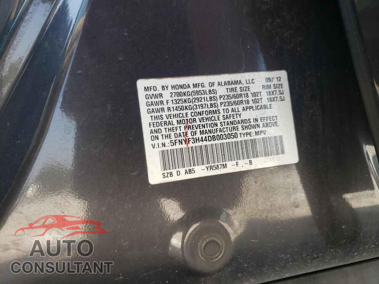 HONDA PILOT 2013 - 5FNYF3H44DB003050