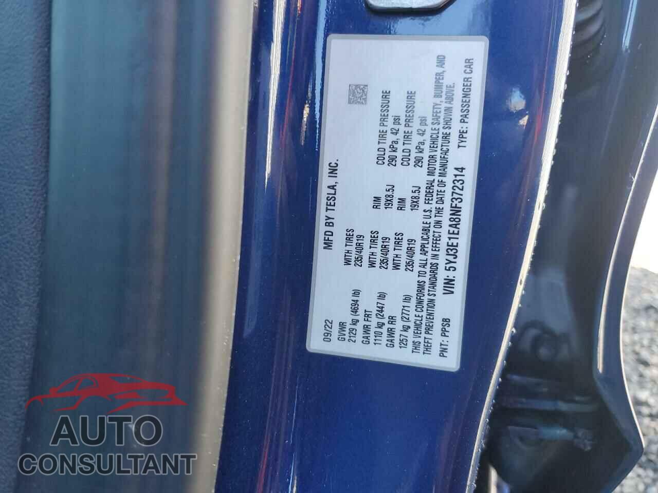 TESLA MODEL 3 2022 - 5YJ3E1EA8NF372314