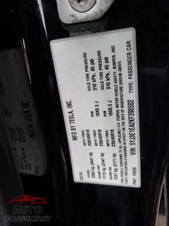 TESLA MODEL 3 2019 - 5YJ3E1EA2KF398502