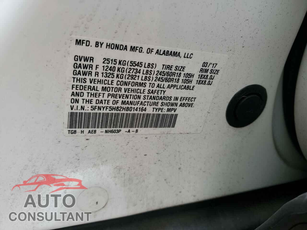 HONDA PILOT 2017 - 5FNYF5H82HB014164
