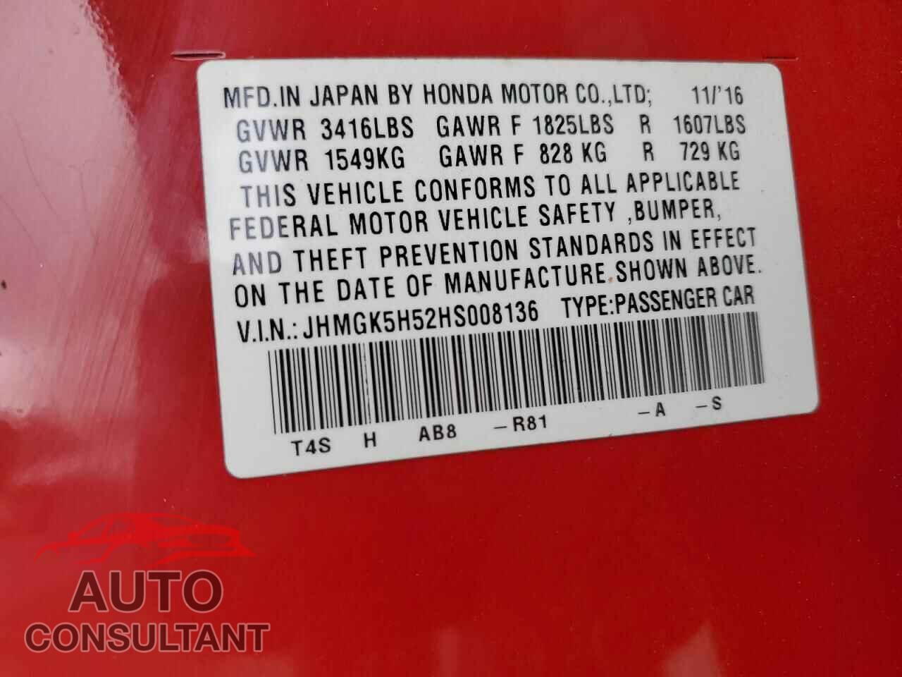 HONDA FIT 2017 - JHMGK5H52HS008136
