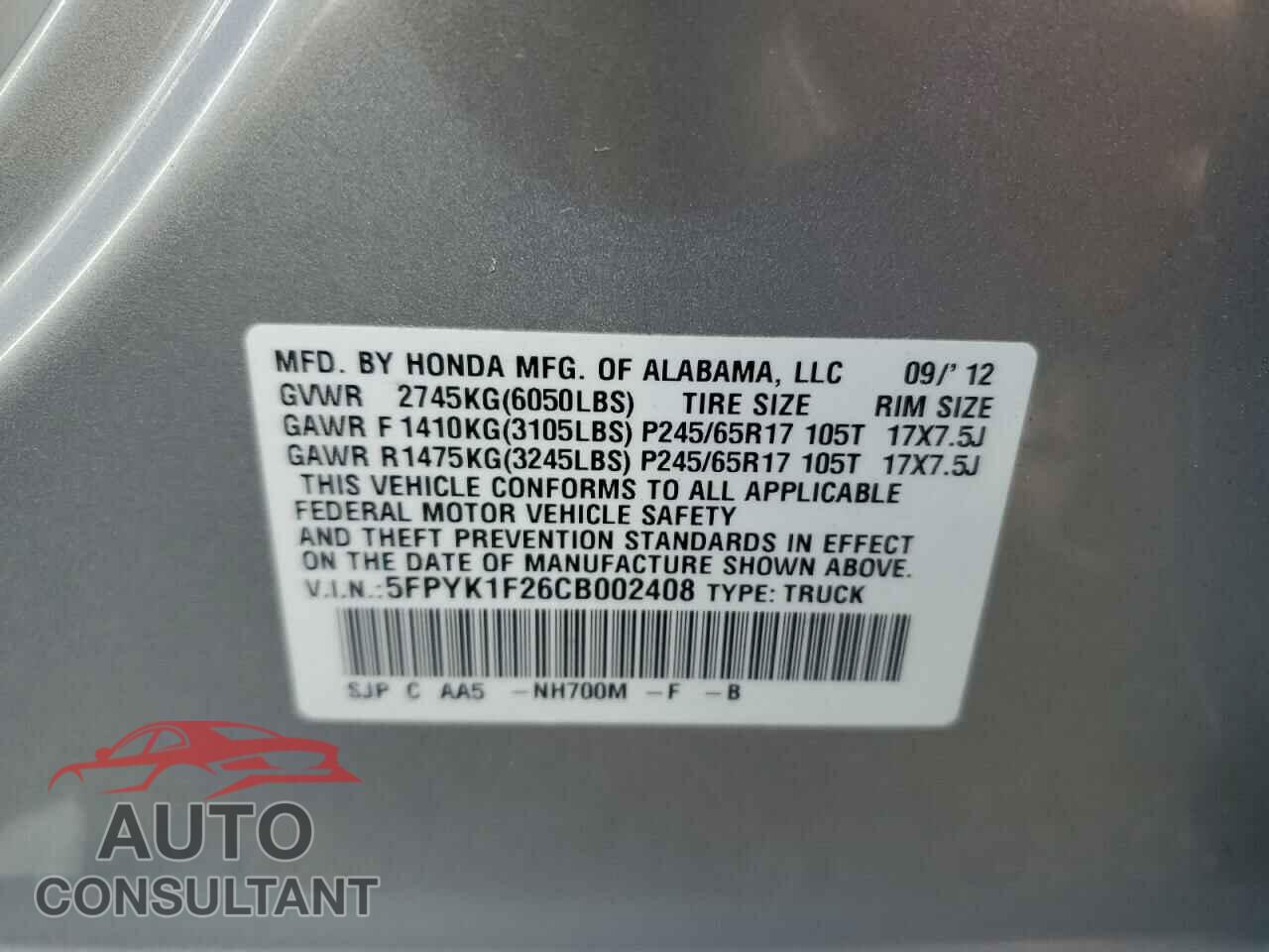 HONDA RIDGELINE 2012 - 5FPYK1F26CB002408