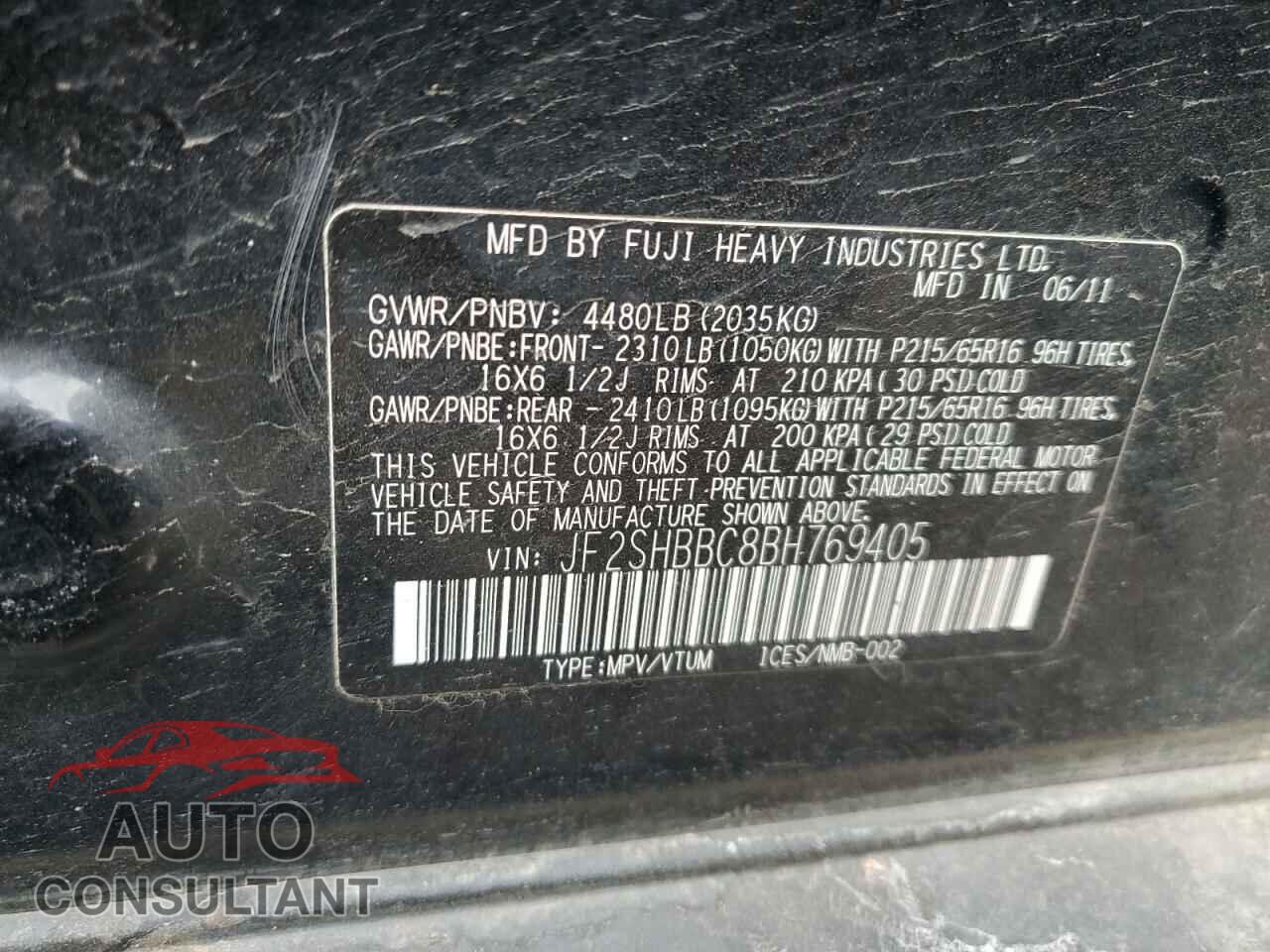 SUBARU FORESTER 2011 - JF2SHBBC8BH769405