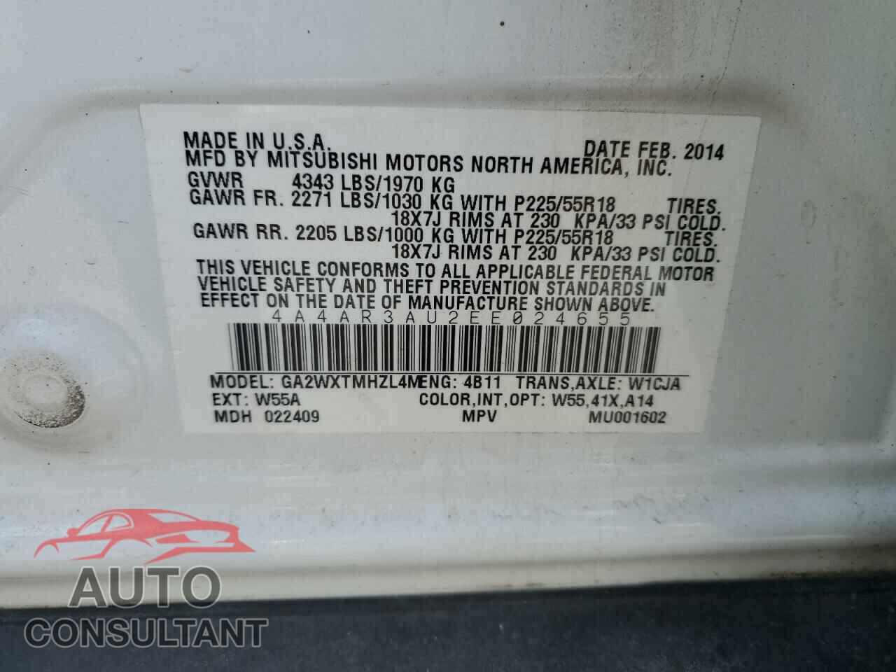 MITSUBISHI OUTLANDER 2014 - 4A4AR3AU2EE024655
