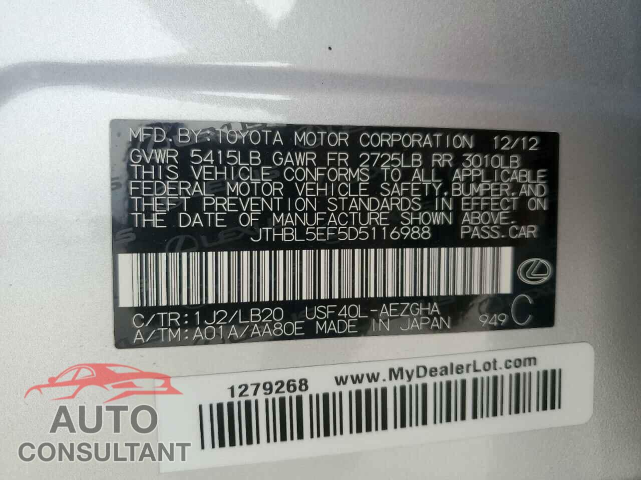 LEXUS LS460 2013 - JTHBL5EF5D5116988