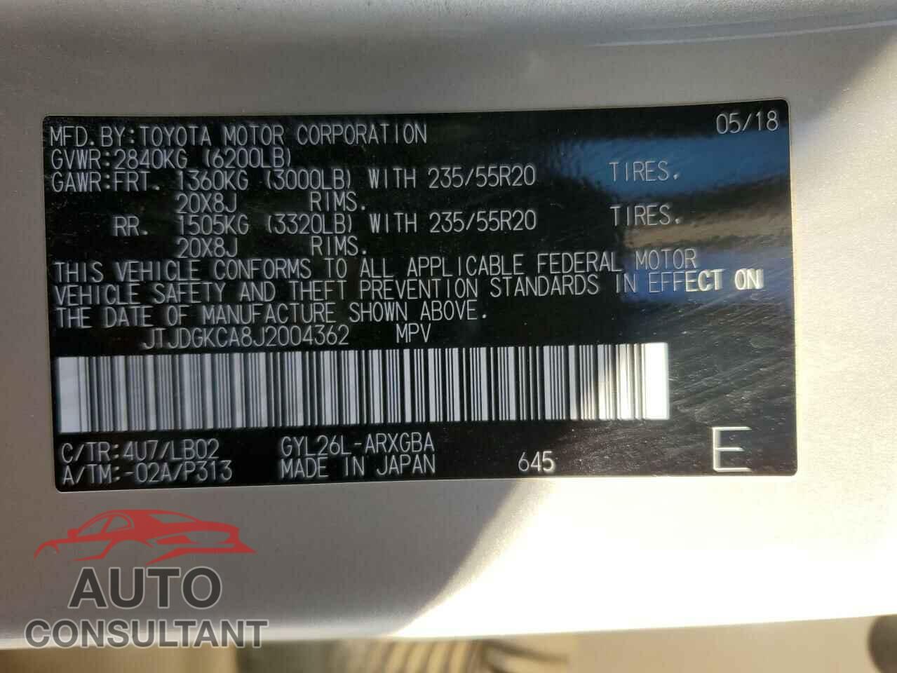 LEXUS RX450 2018 - JTJDGKCA8J2004362