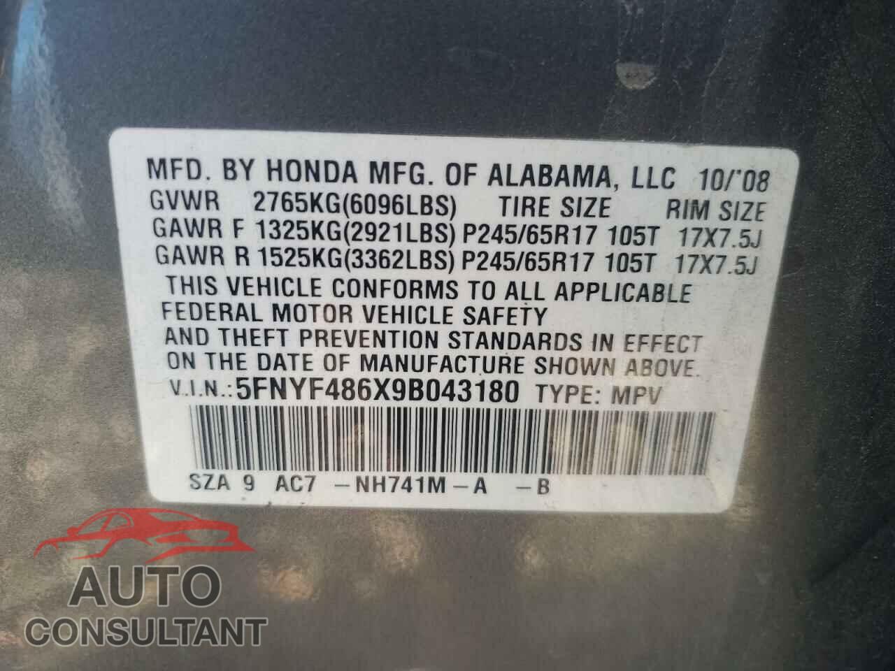 HONDA PILOT 2009 - 5FNYF486X9B043180