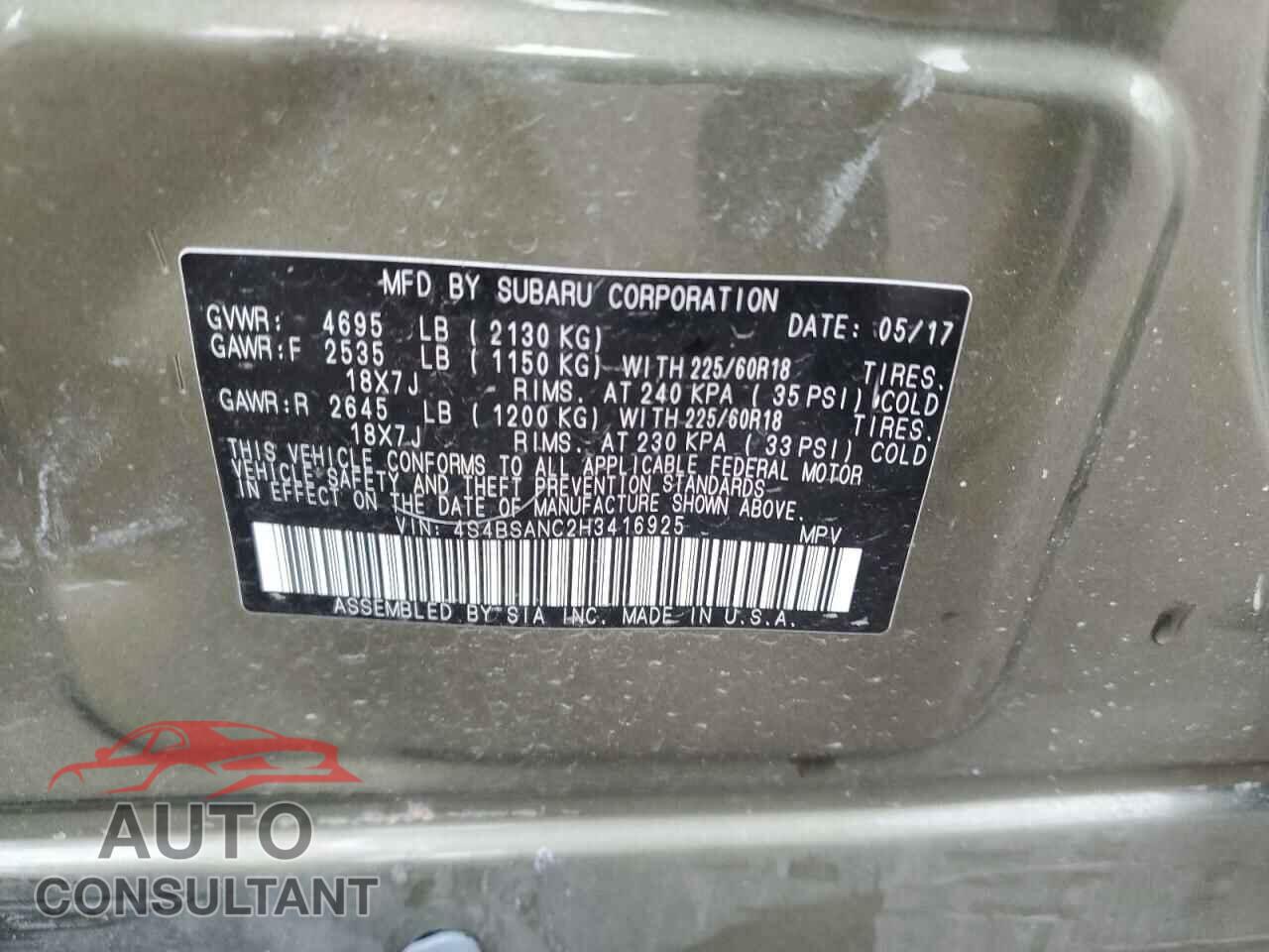SUBARU OUTBACK 2017 - 4S4BSANC2H3416925
