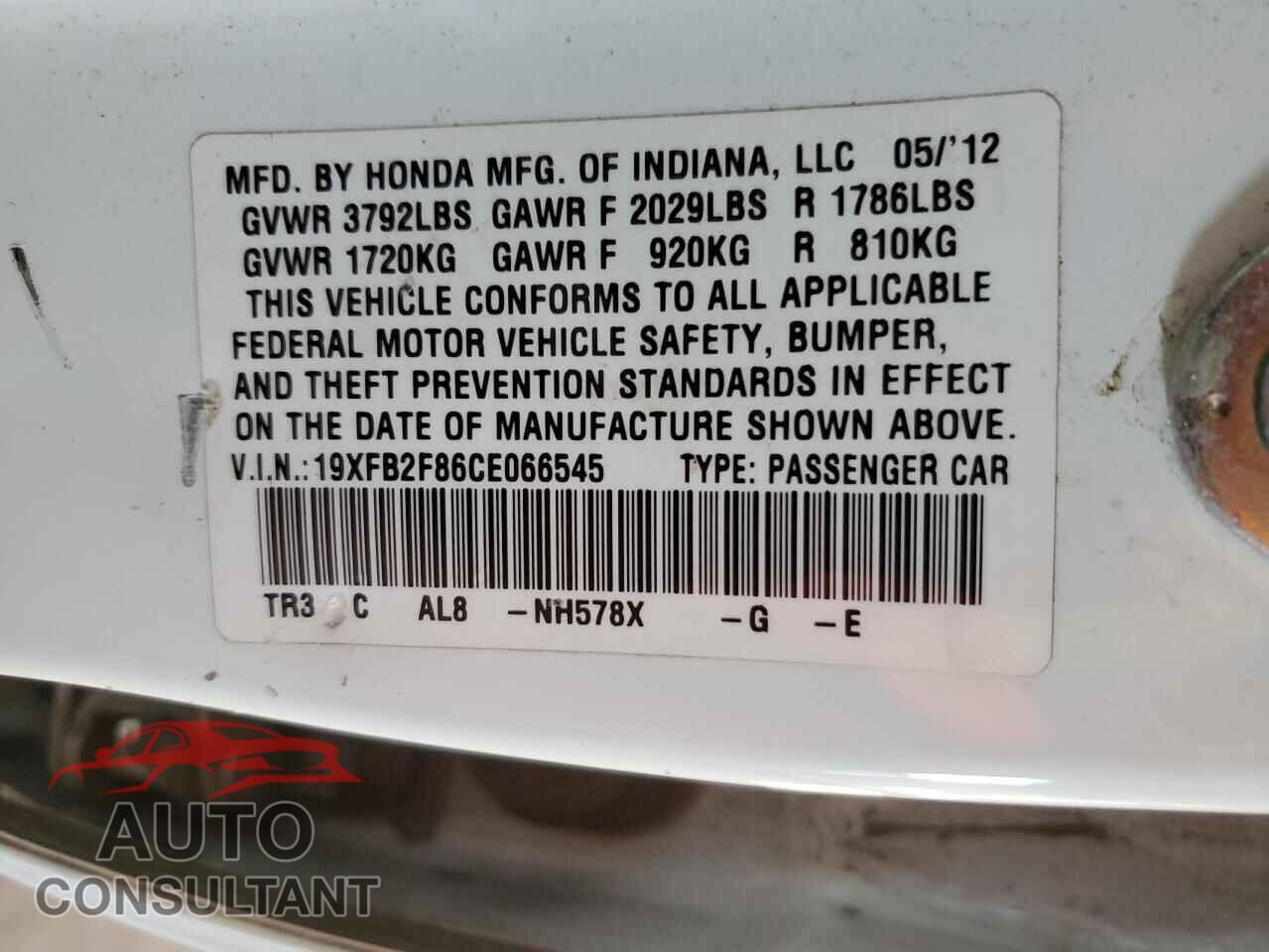 HONDA CIVIC 2012 - 19XFB2F86CE066545