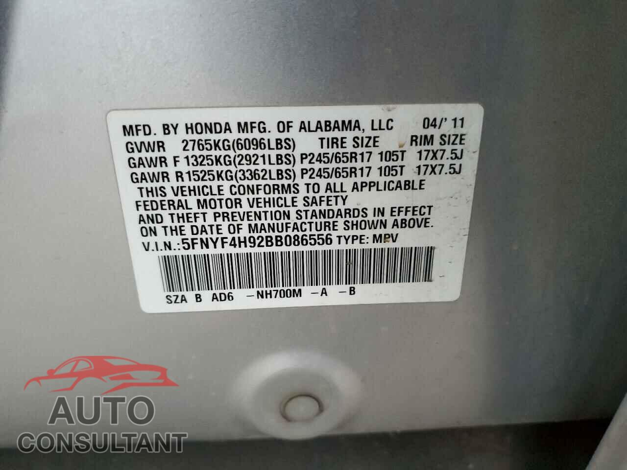 HONDA PILOT 2011 - 5FNYF4H92BB086556