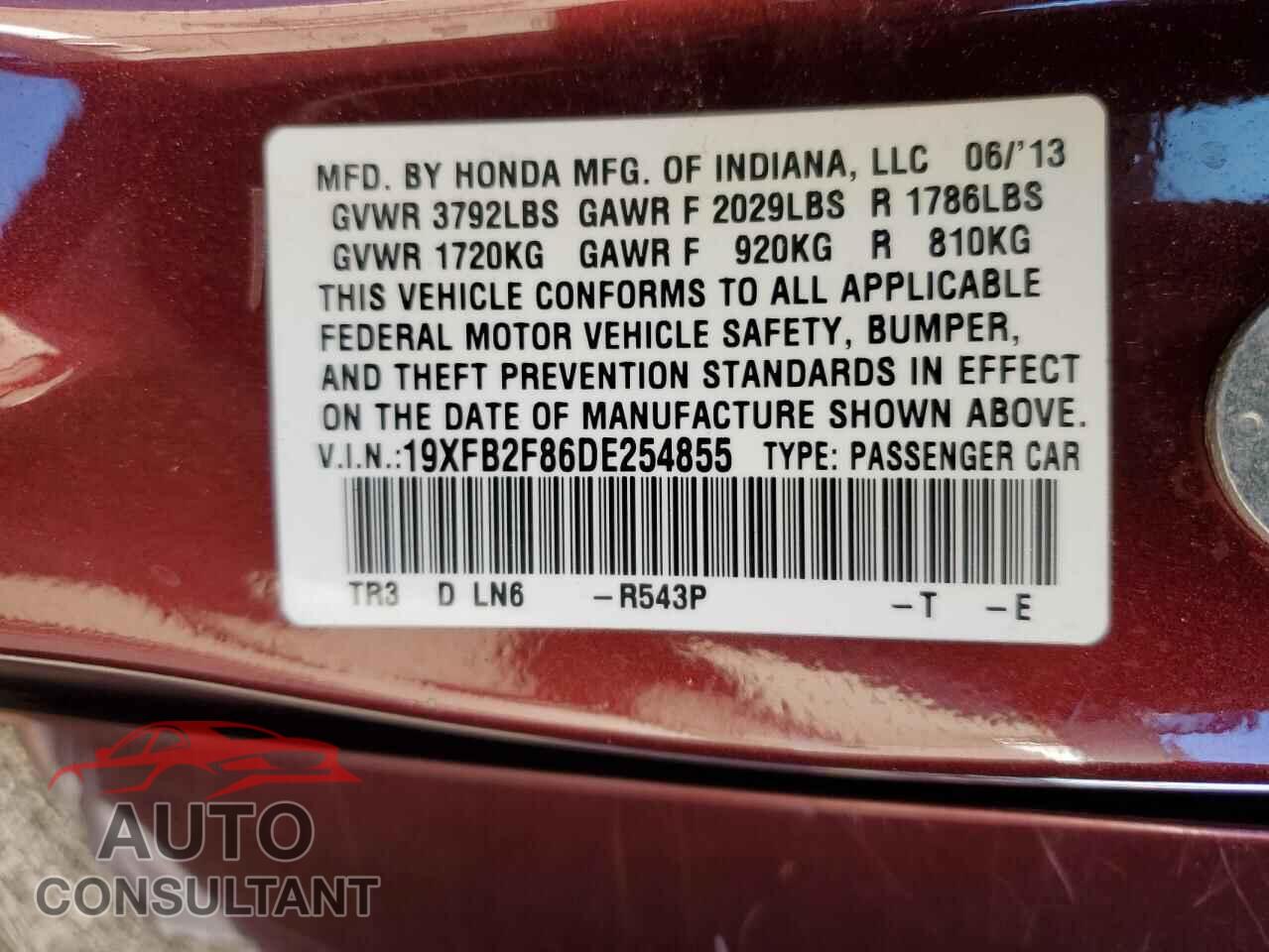 HONDA CIVIC 2013 - 19XFB2F86DE254855