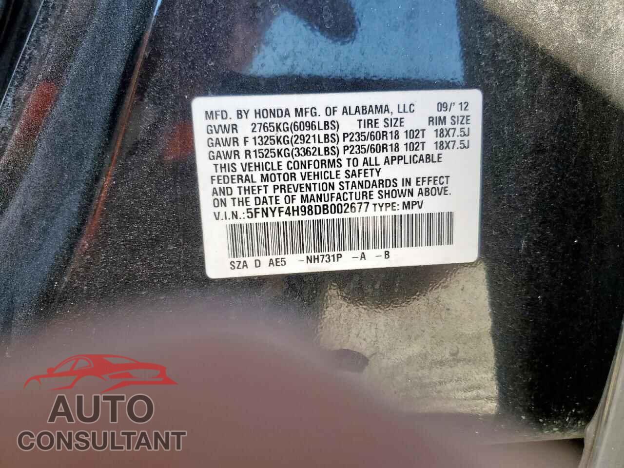 HONDA PILOT 2013 - 5FNYF4H98DB002677