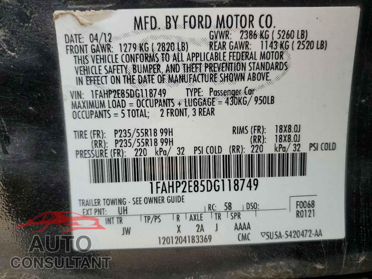 FORD TAURUS 2013 - 1FAHP2E85DG118749