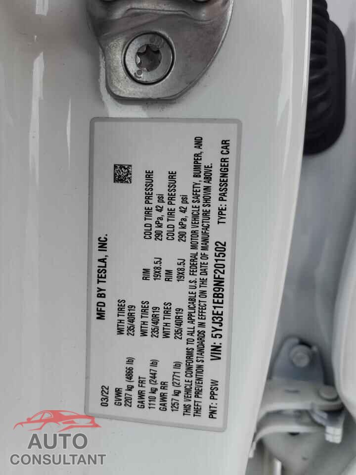 TESLA MODEL 3 2022 - 5YJ3E1EB9NF201502