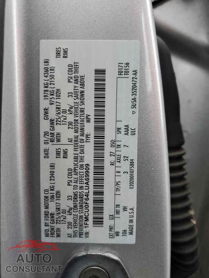 FORD ESCAPE 2020 - 1FMCU0F64LUA69909