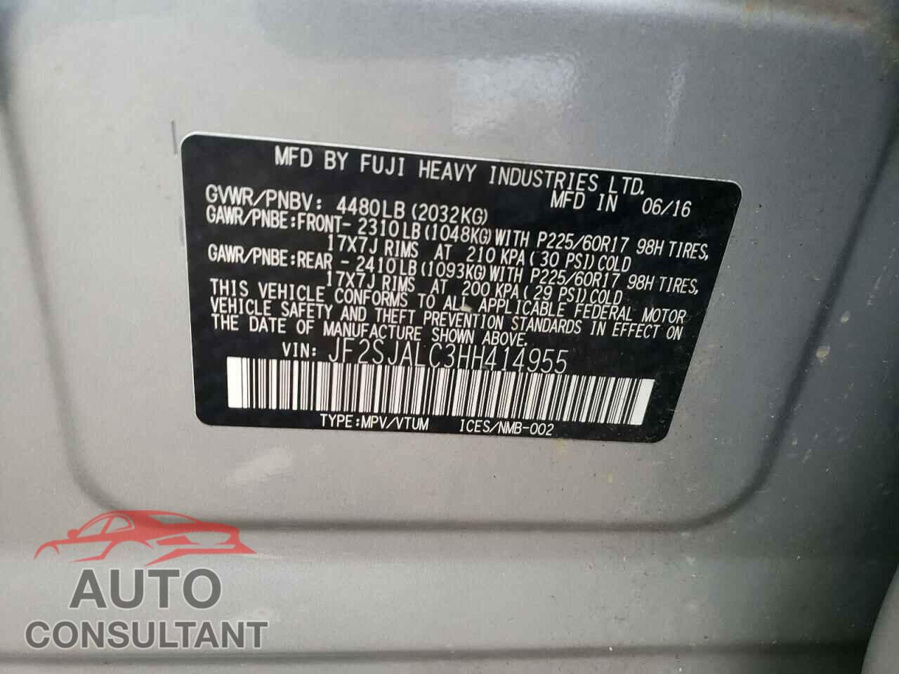 SUBARU FORESTER 2017 - JF2SJALC3HH414955