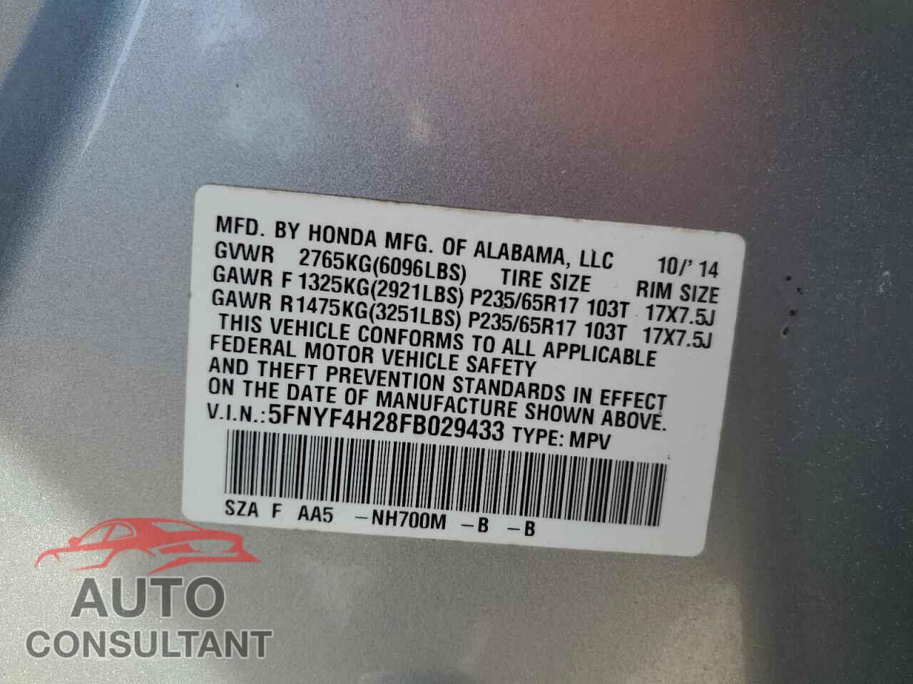 HONDA PILOT 2015 - 5FNYF4H28FB029433