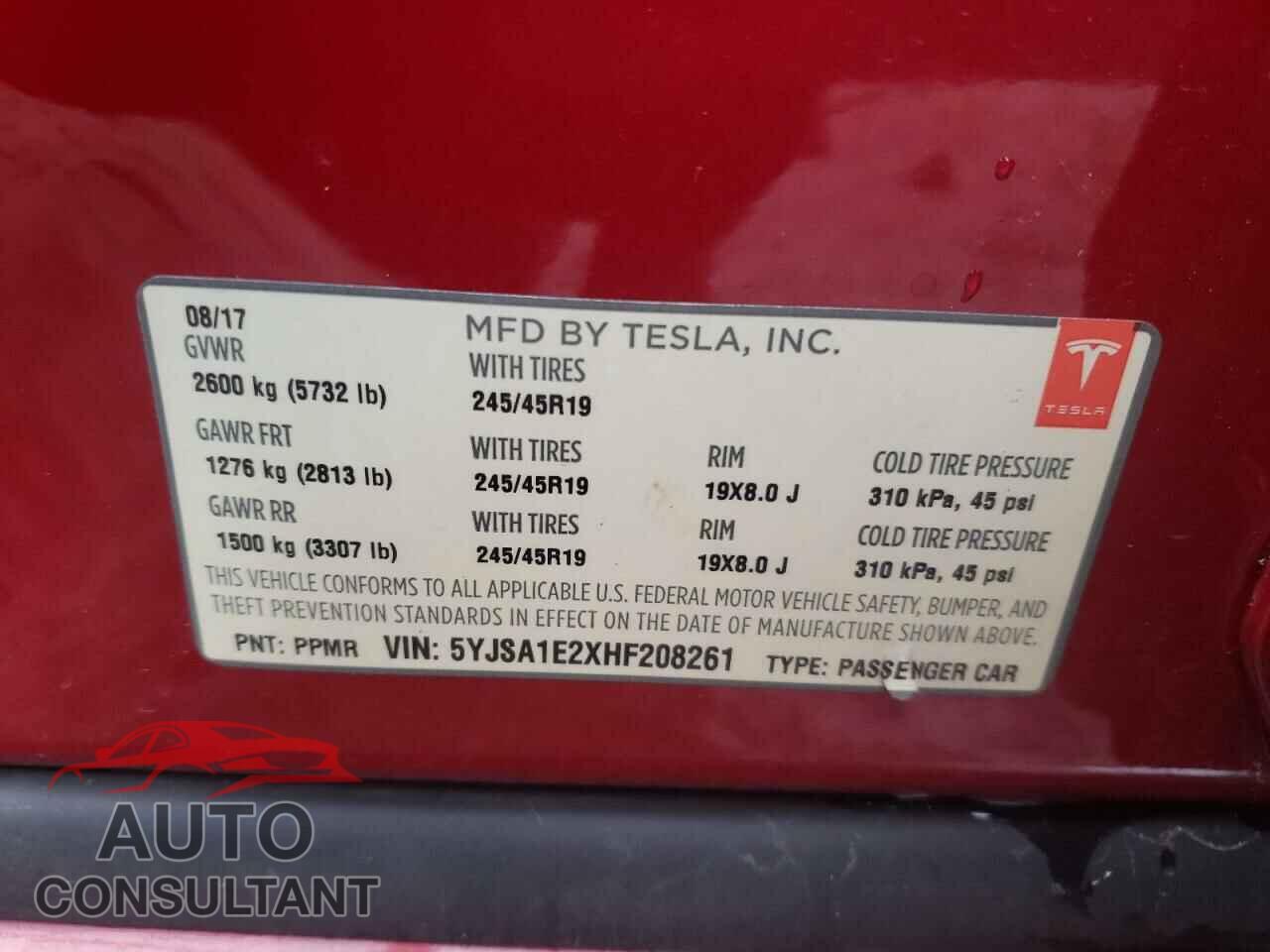 TESLA MODEL S 2017 - 5YJSA1E2XHF208261