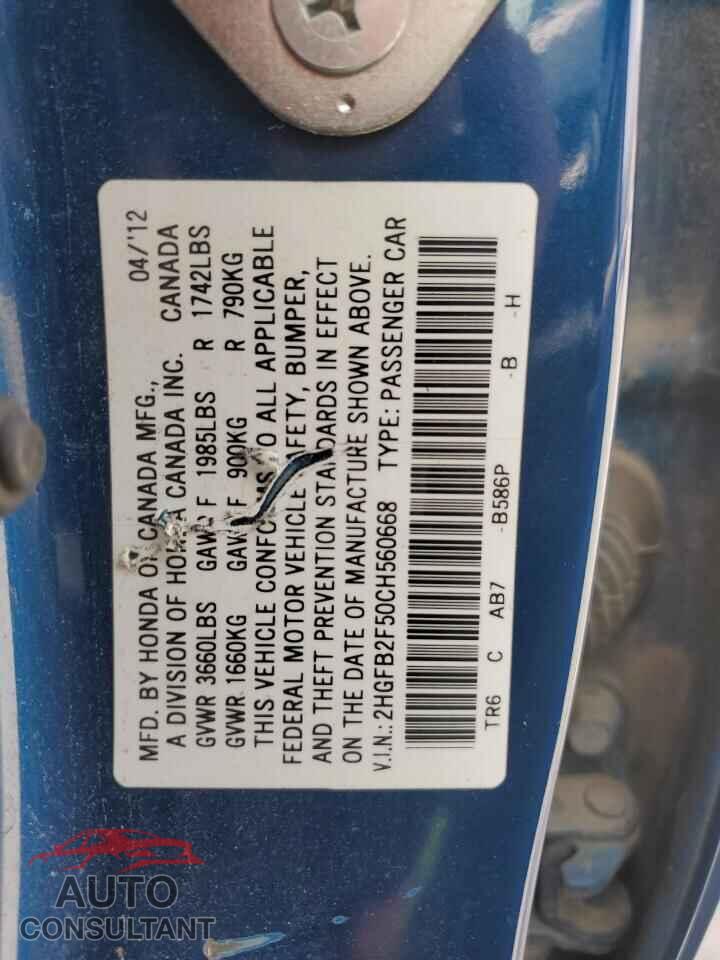 HONDA CIVIC 2012 - 2HGFB2F50CH560668