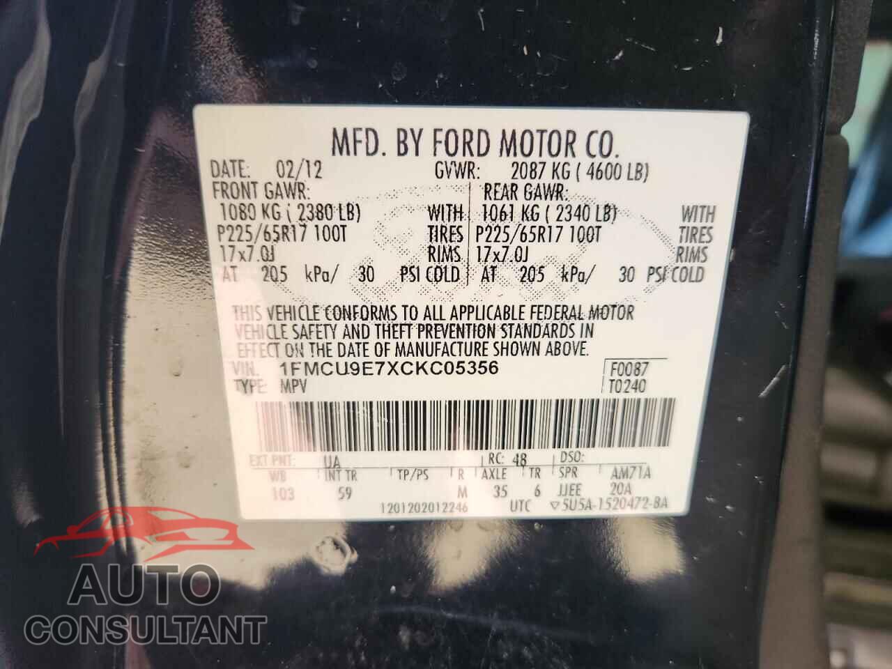 FORD ESCAPE 2012 - 1FMCU9E7XCKC05356