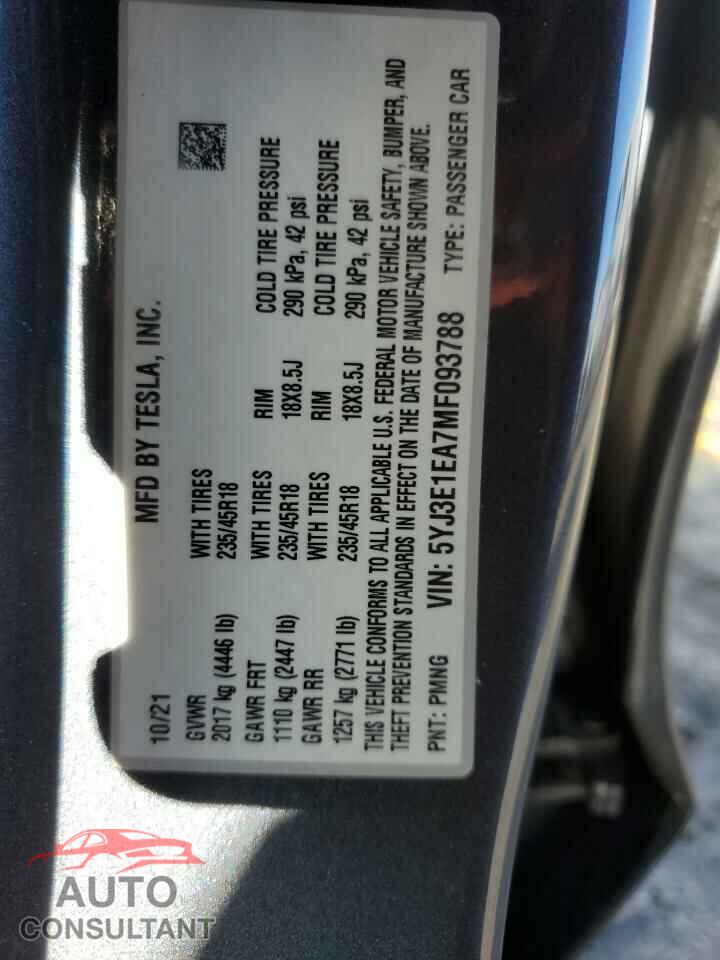 TESLA MODEL 3 2021 - 5YJ3E1EA7MF093788