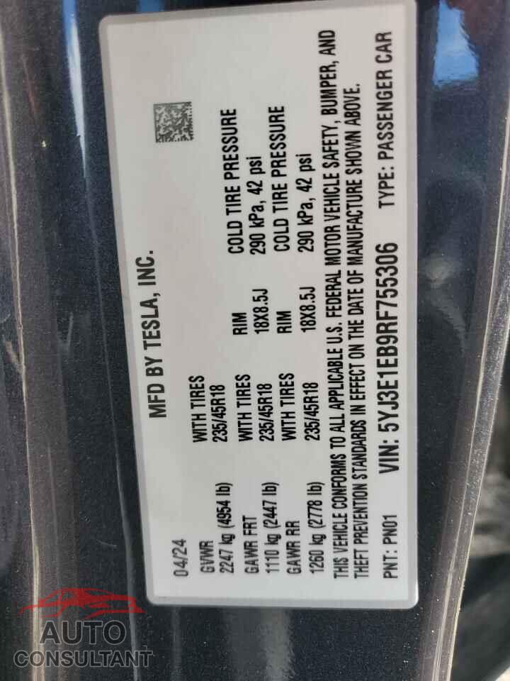 TESLA MODEL 3 2024 - 5YJ3E1EB9RF755306