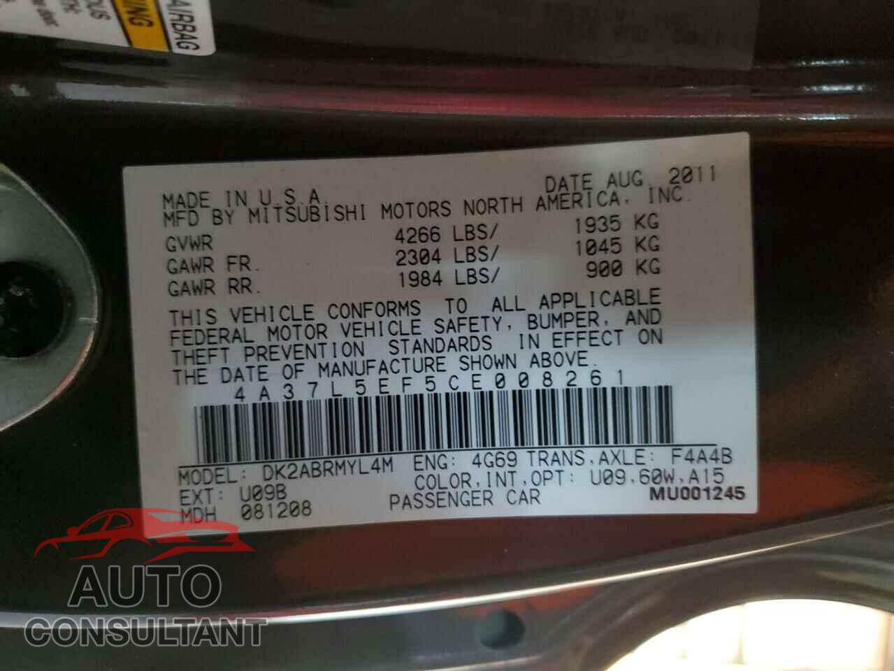 MITSUBISHI ECLIPSE 2012 - 4A37L5EF5CE008261