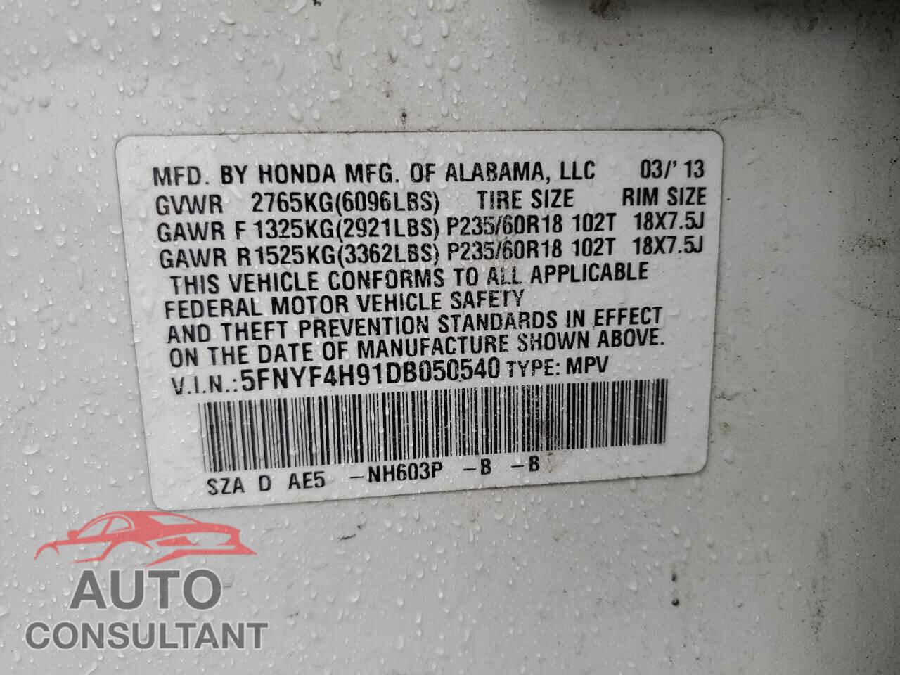 HONDA PILOT 2013 - 5FNYF4H91DB050540