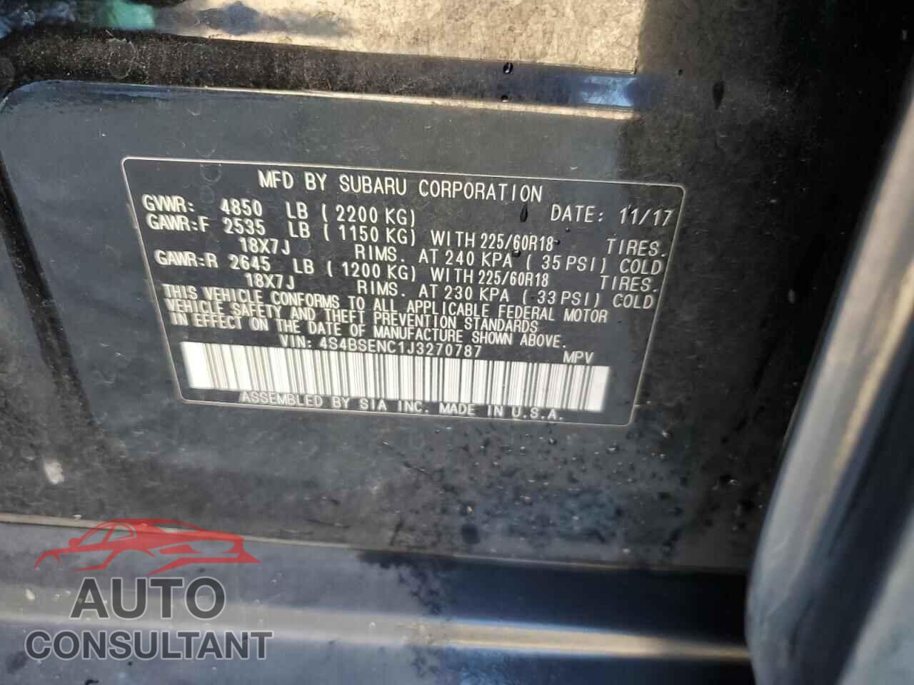 SUBARU OUTBACK 2018 - 4S4BSENC1J3270787