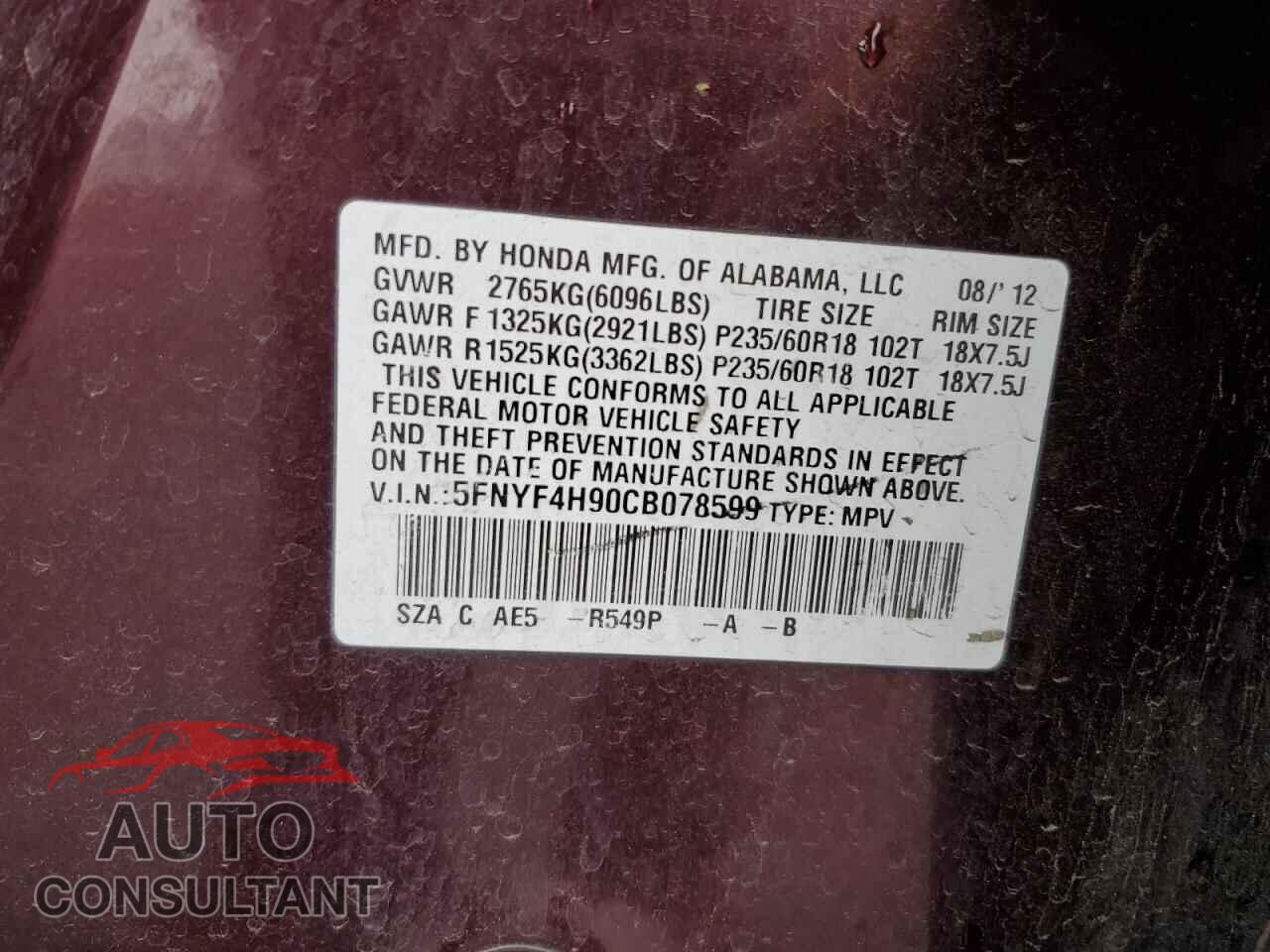 HONDA PILOT 2012 - 5FNYF4H90CB078599