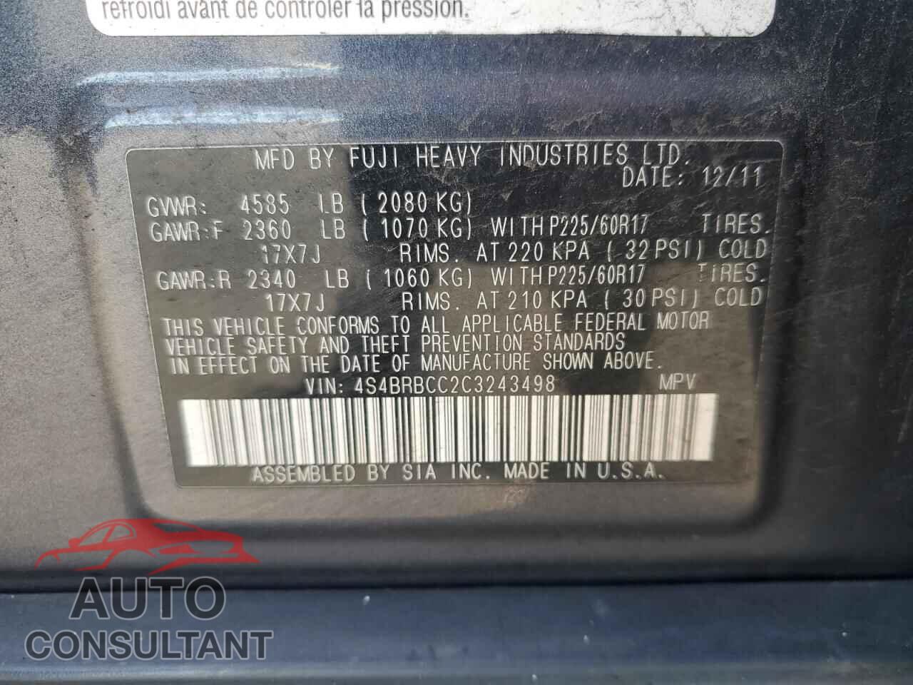 SUBARU OUTBACK 2012 - 4S4BRBCC2C3243498