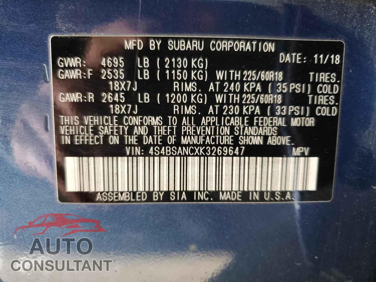 SUBARU OUTBACK 2019 - 4S4BSANCXK3269647