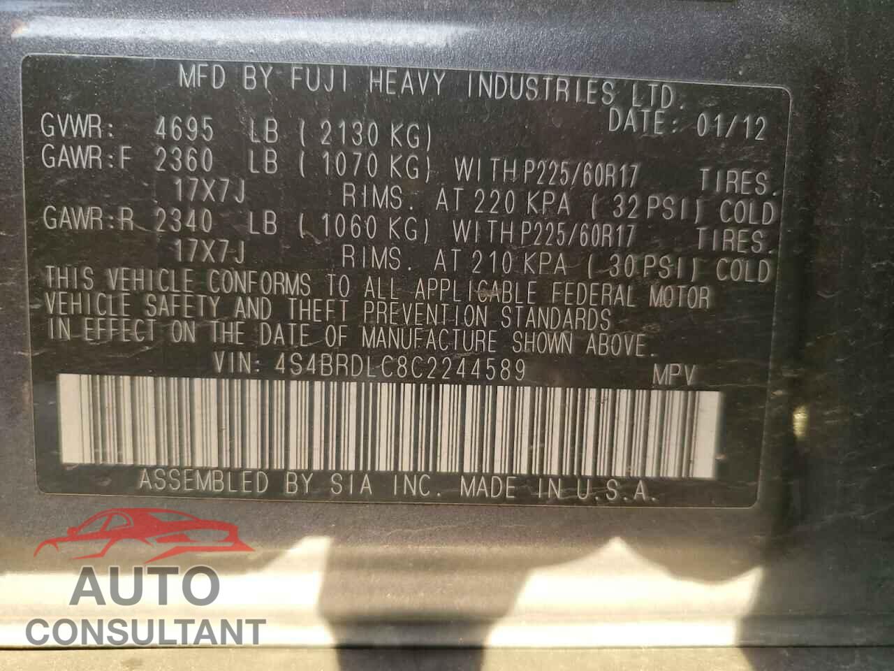 SUBARU OUTBACK 2012 - 4S4BRDLC8C2244589